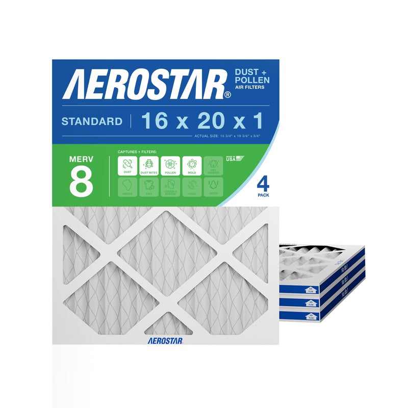 Aerostar 16x20x1 MERV 8 - 4 Count - Pleated HVAC, Furnace & Air Conditioner Filters - Removes Dust, Lint, Mold & Allergy-Causing Pollen - Image 1